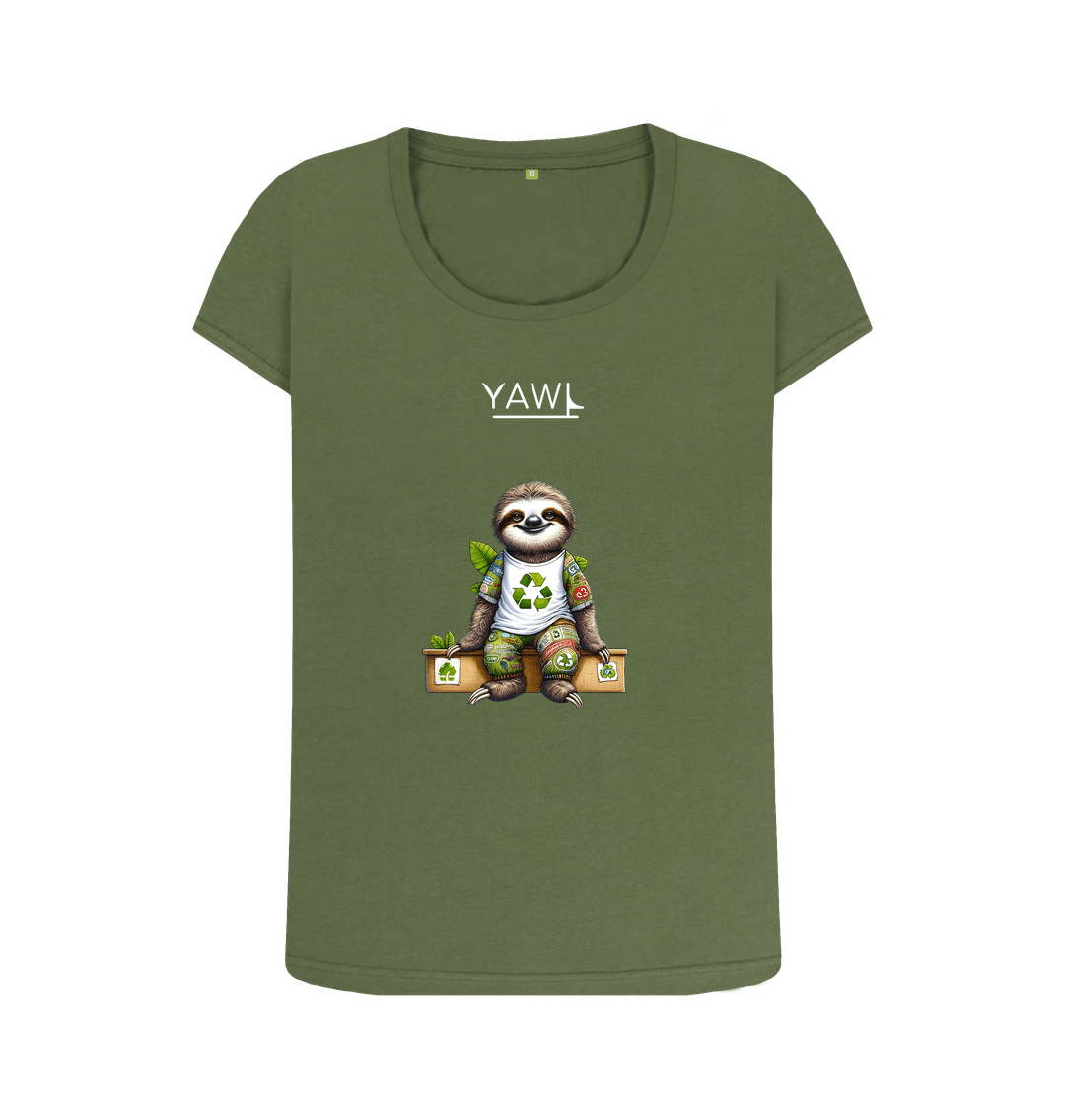 Khaki Sitting Sloth Scoop Neck Tshirt