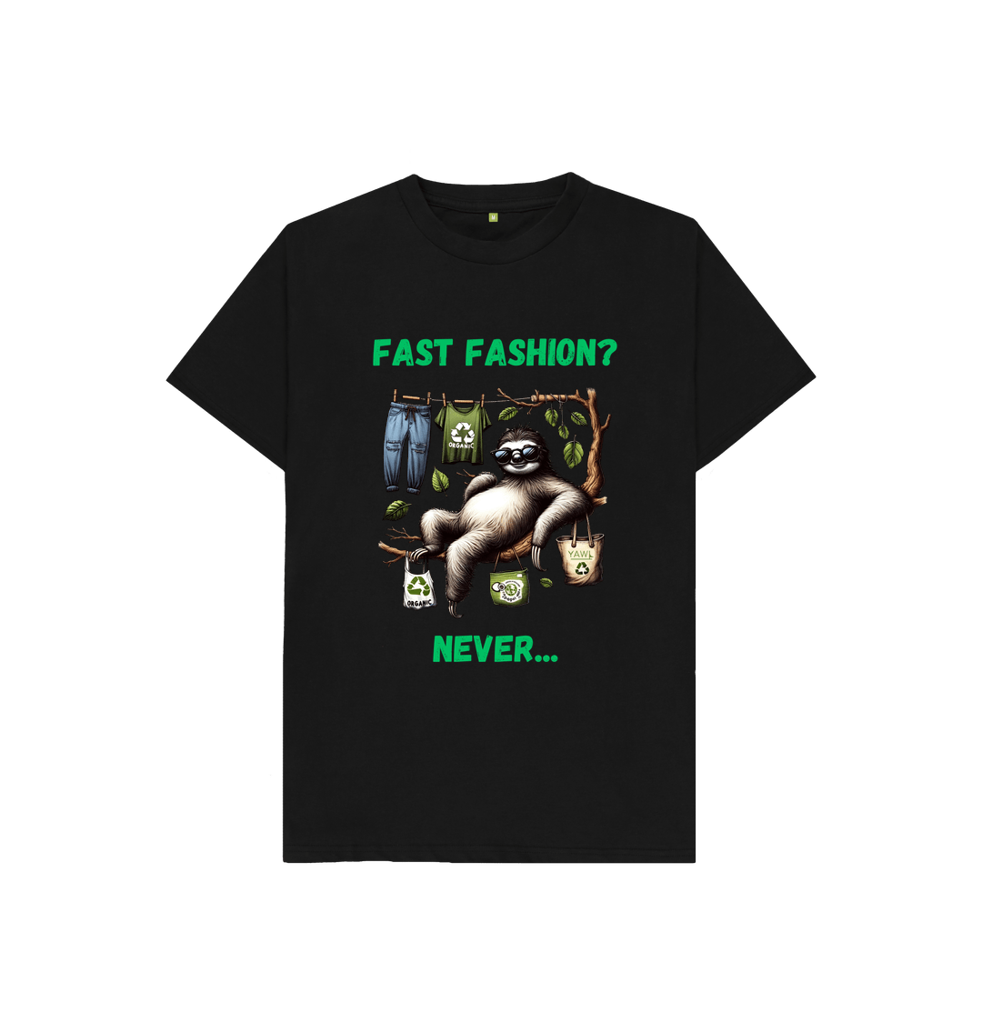 Black 'Fast Fashion?' Sloth Kids Tshirt