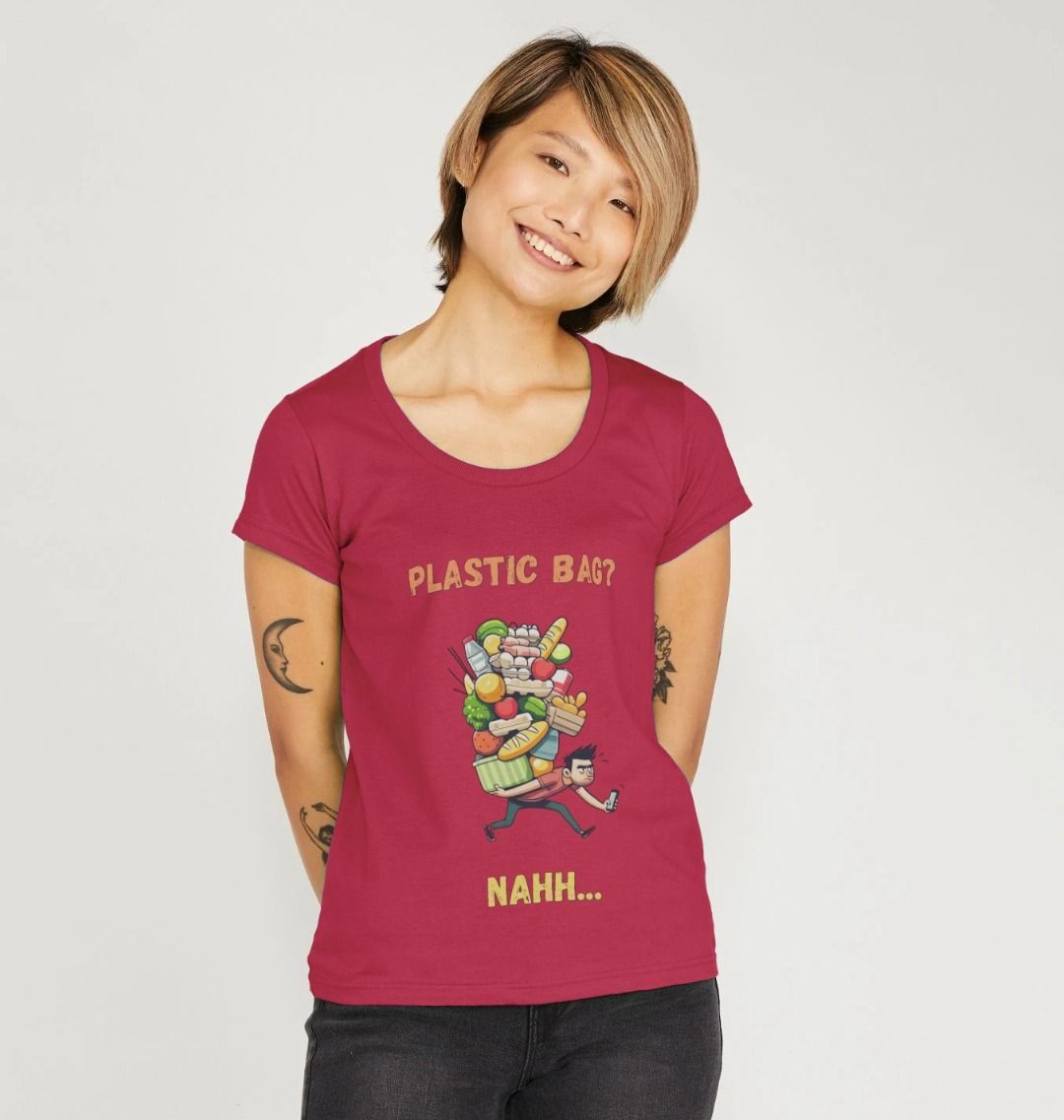 'Plastic Bag? Nahh' Cartoon Scoop Neck