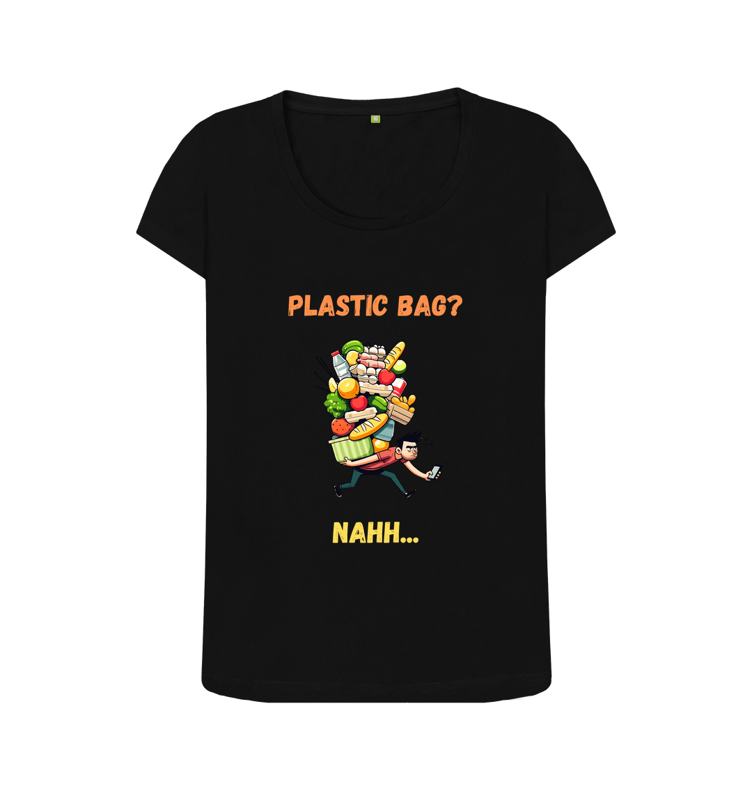 Black 'Plastic Bag? Nahh' Cartoon Scoop Neck