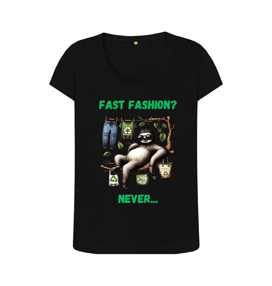 Black 'Fast Fashion?' Sloth Scoop Neck Tshirt