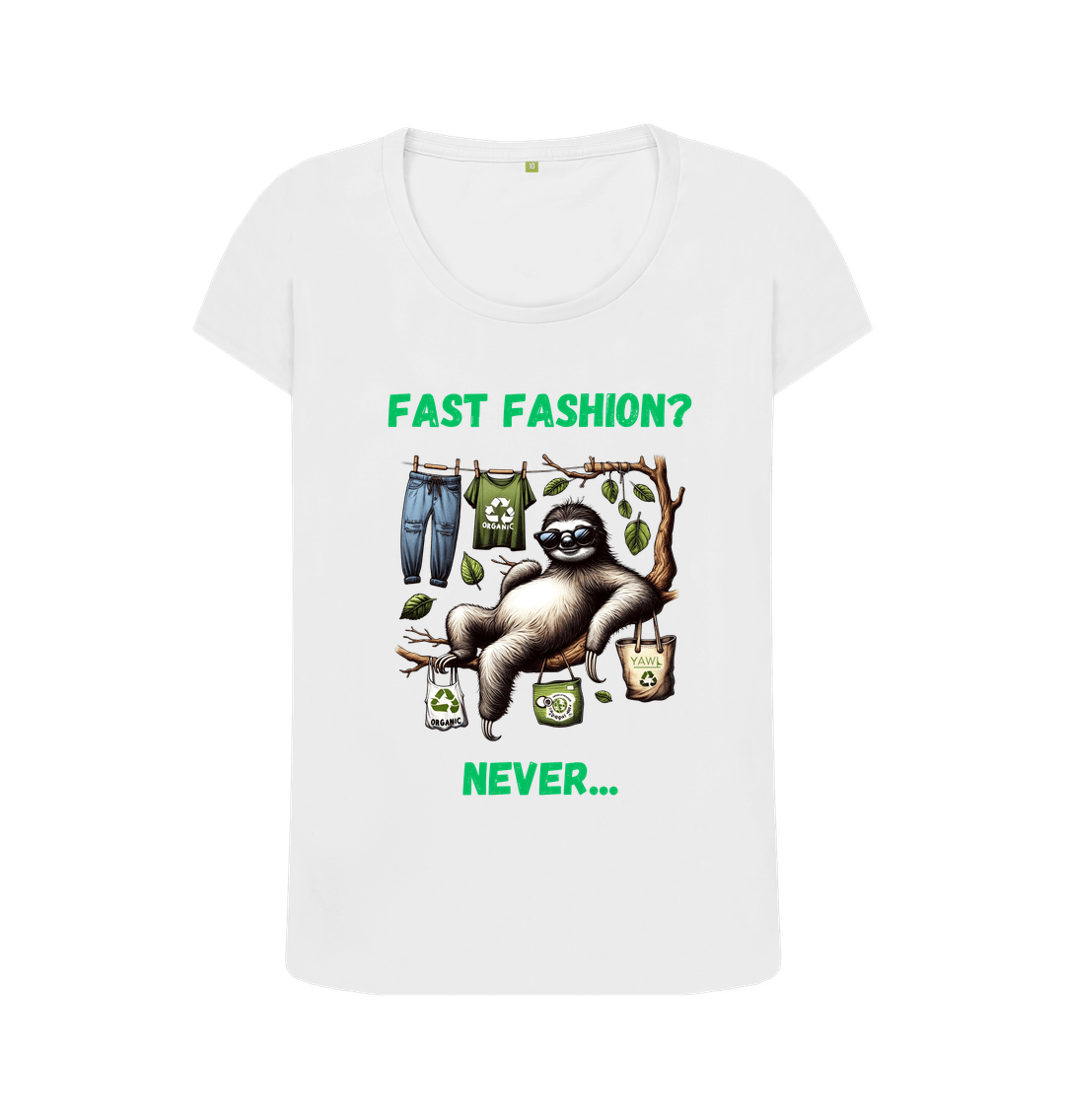 White 'Fast Fashion?' Sloth Scoop Neck Tshirt