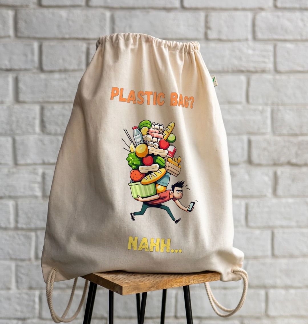 'Plastic Bag? Nahh' Cartoon Drawstring Bag