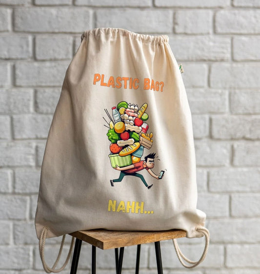 'Plastic Bag? Nahh' Cartoon Drawstring Bag