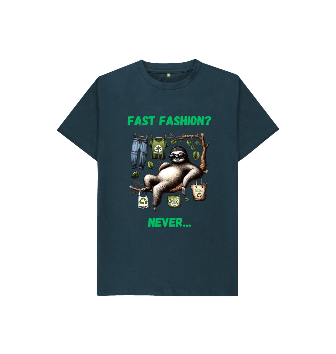 Denim Blue 'Fast Fashion?' Sloth Kids Tshirt