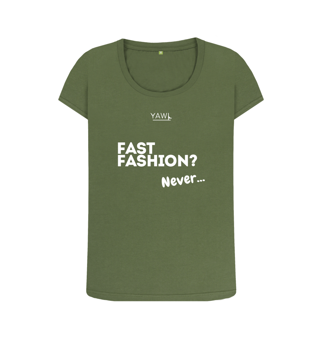 Khaki 'Fast Fashion? Never...' Text Scoop Neck Tshirt