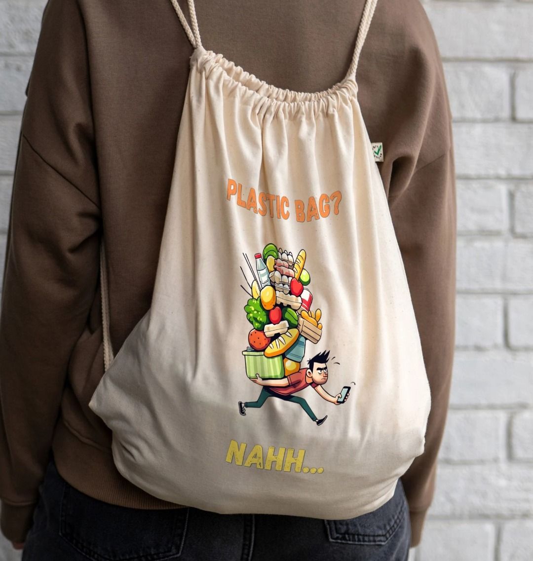 'Plastic Bag? Nahh' Cartoon Drawstring Bag